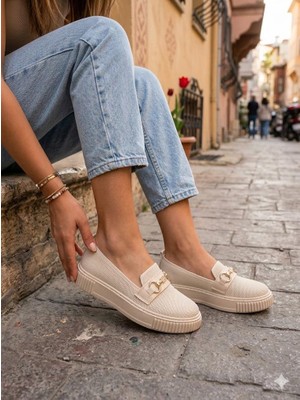 Fort Ventes 346415 Rahat Taş Toka Aksesuarlı Triko Loafer Kadın Ayakkabı