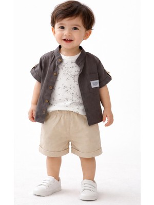 Simya Bebe - 3'lü Takım. Keten Gömlek, Desenli Kolsuz Penye Tşört ve Keten Şort Pantolon - Erkek