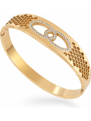 Serelya 316L Çelik Gold Renk Zirkon Taşlı Kadın Kelepçe Bilezik
