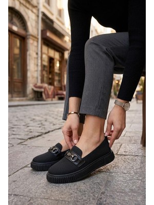 Fort Ventes 346415 Rahat Taş Toka Aksesuarlı Triko Loafer Kadın Ayakkabı