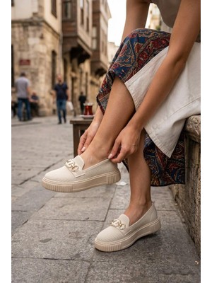 Fort Ventes 346417 Rahat Taş Toka Aksesuarlı Triko Loafer Kadın Ayakkabı