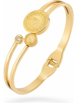 Serelya 316L Çelik Gold Renk Çeyrek Altın Zirkon Taş Detay Kadın Kelepçe