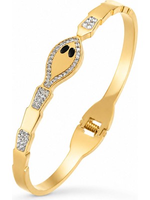 Serelya 316L Çelik Gold Renk Yılan Model Zirkon Taş Detay Kadın Kelepçe