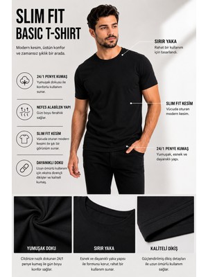 Luxic Core Luxıc  Core Erkek Siyah Slim Fit Bisiklet Yaka %100 Pamuk Tişört 24/1 Penye Günlük Casual Basic Kısa Kollu Tişört