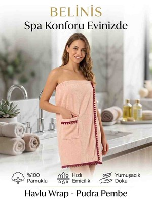 Belinis Ponpon Detaylı %100 Pamuklu Kadın Çırtçırtlı Banyo ve Plaj Havlusu - Sauna Havlu  Tüm Bedenlere Uyumlu Ayarlanabilir Beden