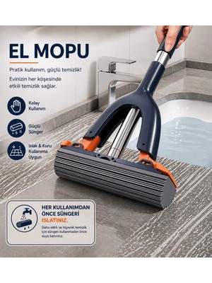 Sorvia Kendinden Sıkmalı Çelik Saplı El Mopu Sihirli Süngerli Modern Stil ile Kolay Temizlik Seti