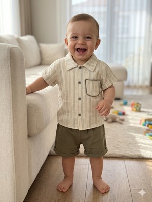 Simya Bebe - 2'li Takım. Cepli, Çizgili Keten Gömlek ve Şort Pantolon - Erkek