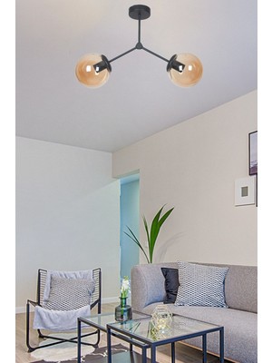 UltraMint Modern Siyah Bal Camlı 2'li Avize, Salon, Mutfak, Cafe, Hol ve Yatak Odası Için