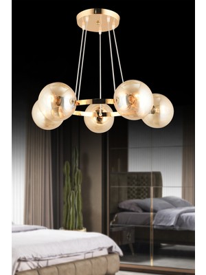 UltraMint Şık Camlı Tavan Avizesi, Gold Detaylı, 5 Li Halka Bal Tasarımı
