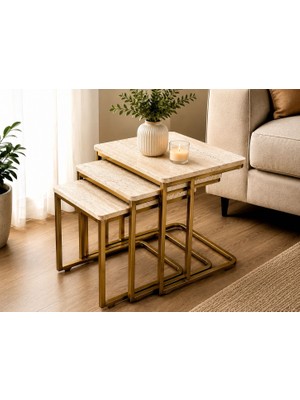 3’lü Tekerlekli Zigon Sehpa Eskitme Gold Traverten Desenli Melamin Kaplama Gold Metal Ayaklı Modern Salon Sehpası