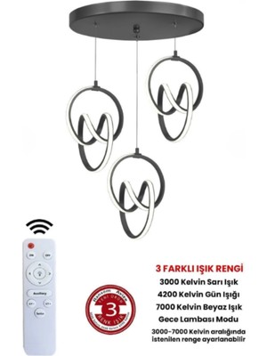 UltraMint Modern 3'lü Imza Sarkıt Avize, Ledli Siyah Kasa, Uzaktan Kumandalı