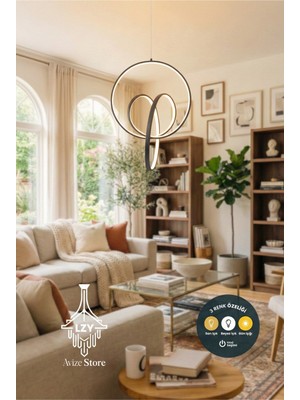 UltraMint Şık Siyah Halka Sarkıt LED Avize, 3 Renk, 40 Cm, Salon ve Antre Için