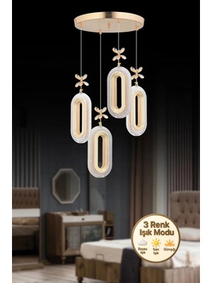 UltraMint Elips Model 4'lü Gold Renkli LED Kristal Avize, Modern Oturma ve Mutfak Aydınlatması