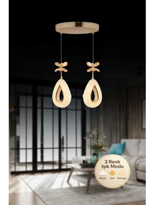 UltraMint 2'li Gold Renkli Kristal Taşlı Modern LED Avize, Salon ve Mutfak Için
