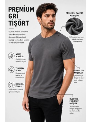 Luxic Core Luxıc Core Erkek Gri Slim Fit Bisiklet Yaka %100 Pamuk Tişört 24/1 Penye Günlük Casual Basic Kısa Kollu Tişört