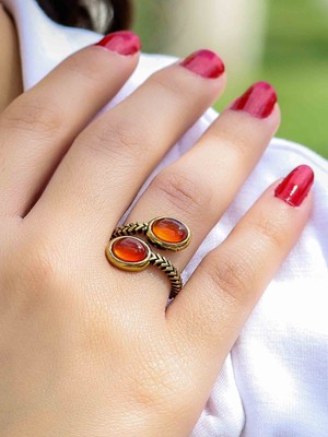 Esha Store Doğal Taş Akik Oval Ikili Doğal Taşlı Antik Model Kadın Ayarlanabillir Yüzük EUY75A