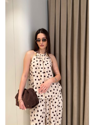 Magarde Puantiye Desenli Halter Yaka  Bluz- Bej