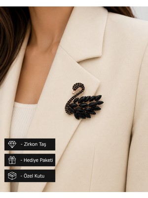 Herşey Nota Zarif Siyah Kuğu Kadın Broş - Rose Premium Özel Gün Için Şık Bir Hediye