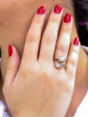 Esha Store Doğal Taş Pembe Kuvars Ikili Doğal Taşlı Antik Model Kadın Ayarlanabillir Yüzük EUY75PK