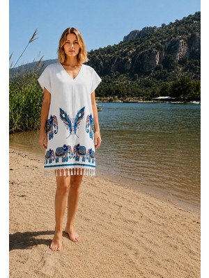 Pırlanta Textile Plaj Elbisesi Bambu Peştemal Filli Desen Beyaz Renk