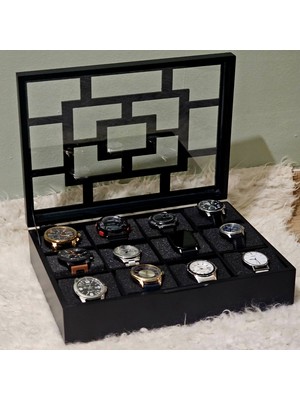Tekir Store Ahşap 12 Bölmeli Saat Kutusu Dekoratif Siyah Camlı Saat Aksesuar Saklama Kutusu Organizer