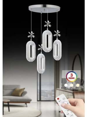 UltraMint 4'lü Krom Kaplama Sarkıt LED Salon Avize, Kumandalı, 3 Renkli Işık