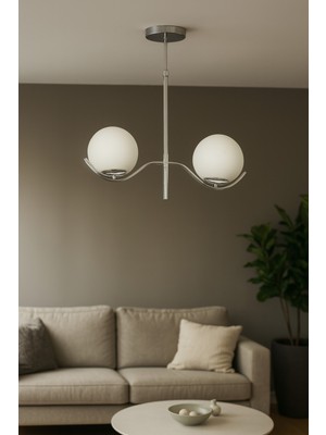 UltraMint Modern Ranya 2'li Beyaz Camlı Oturma Odası Avizesi, Krom Kaplama