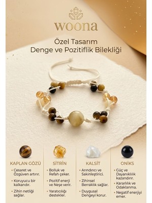 Woona Kaplan Gözü & Sitrin & Kalsit & Oniks - Güç & Bereket & Zihinsel Denge & Odaklanma Doğal Taş Serisi Ayarlanabilir El Yapımı Özel Tasarım Unisex Bileklik