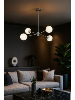 UltraMint Modern 4'lü Beyaz Camlı Oturma Odası Avizesi, Krom Kaplama, Şık Tasarım