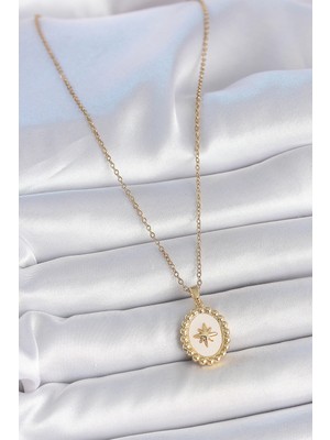 Renas Store 316L Çelik Gold Renk Zincir Beyaz Mineli Kutup Yıldız Işlemeli Madalyon Model Kadın Kolye