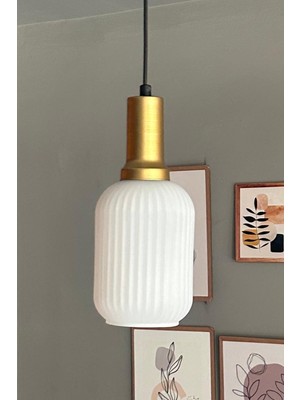UltraMint Şık Beyaz Cam Tekli Sarkıt Avize, Gold Detaylı Retro Tasarım