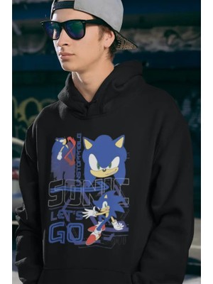 Sevbano Sonic Lets Go Baskılı Unisex Oversize Çizgi Film Hoodie