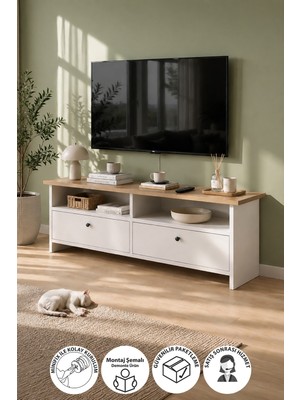 Bofigo Tv Sehpası 2 Kapaklı Tv Ünitesi Televizyon Sehpası 120 x 30 cm Santorini Safir Meşe Beyaz