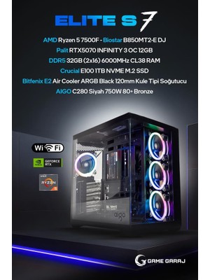Game Garaj Elite S7 AMD Ryzen 5 7500F 32GB RAM 1TB SSD RTX5070 FreeDOS Oyuncu OEM Paket