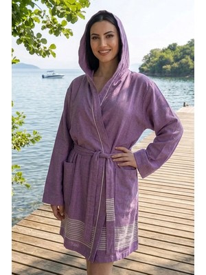 Eselba Milano Mor Comfy Classy Kapşonlu Bambu Peştamal Kadın Bornoz / Sabahlık L / XL