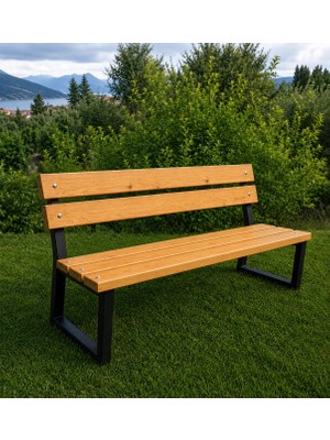 KUMİ Masif Ahşap Bahçe Bankı 145 cm Metal Demir Ayaklı Ahşap Yat Vernikli Dış Mekan Park Oturma Bankı
