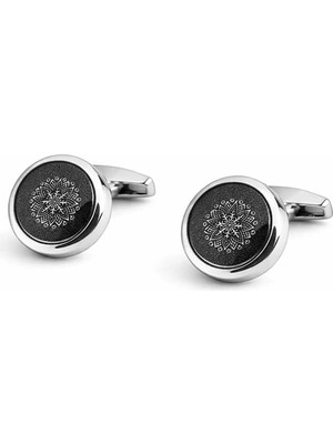 Kravatkolik Gümüş Renk Yeşil Motif Detay Yuvarlak Kol Düğmesi KD1398