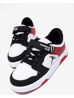 Tonny Black Çocuk Unisex Siyah Beyaz Kırmızı Rahat Kalıp Ortopedik Cırtlı Sneaker