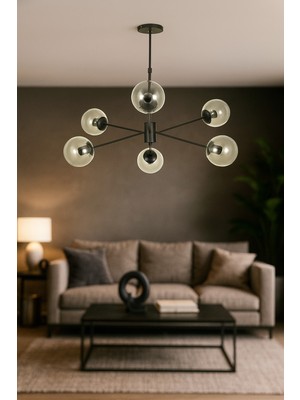 UltraMint Şeffaf Camlı Modern Salon Oturma Odası Avizesi, Siyah Renkli, 6'lı Set