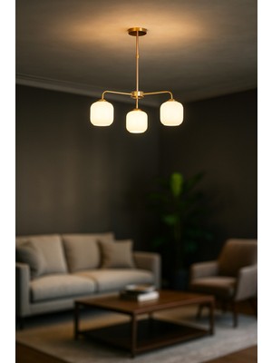 UltraMint Modern 3’lü Beyaz Camlı Oturma Odası Sarkıt Avize, Gold Kaplama