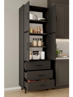 Aeka AE-3020 Irmak Antrasit/antrasit 4 Kapaklı Çok Amaçlı Dolap 3 Çekmeceli Raflı Mutfak Kiler Banyo 195X63X35 Çok Amaçlı Dolap