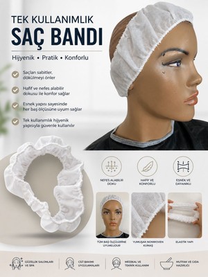 Tek Kullanımlık Kozmetik Saç Bandı , Beyaz , Lastikli , Nonwoven ,30 Gsm