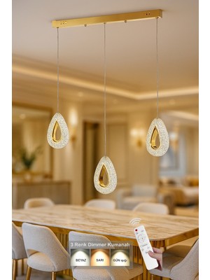 UltraMint Modern 3'lü Ledli Dim Kumandalı Yemek Masası Üstü Avize, 3 Renk LED
