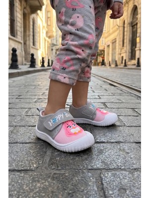 Gezer Kız Bebe Cırtlı Ayarlanabilir Yazlık Keten Ayakkabı Pembe Renkli Orta Topuklu
