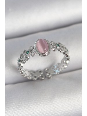 Uravas Store Pirinç Gümüş Renk Zirkon Taş Detaylı Pembe Mineli Damla Model Ayarlanabilir Kadın Yüzük