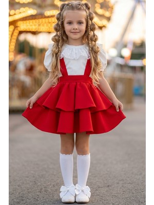 Parla Kids Kız Çocuk Helen Kırmızı Askılı Jile 23 Nisan 29 Ekim Elbise Gösteri Kıyafeti Ekru Dantel Kısa Kollu Bluz Abiye Takım