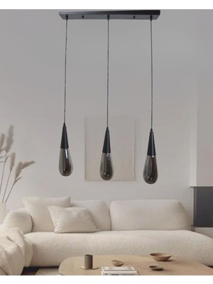 UltraMint Damla Gri Füme Cam 3’lü Siyah Metal Salon Yemek Masası ve Sarkıt Avize