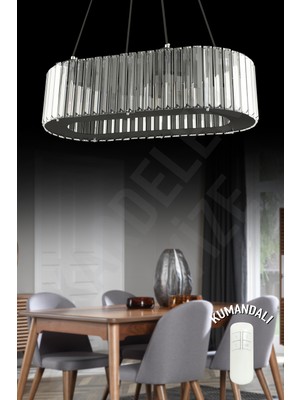 UltraMint Şık Yuvarlak Zambak Siyah Yemek Masası, 4'lü, 46 Cm, Kumandalı, Modern Taşlı Avize