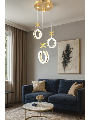UltraMint Modern 3'lü LED Avize, Gold Renk, Kristal Görünüm, Gün Işığı, Enerji Tasarrufu