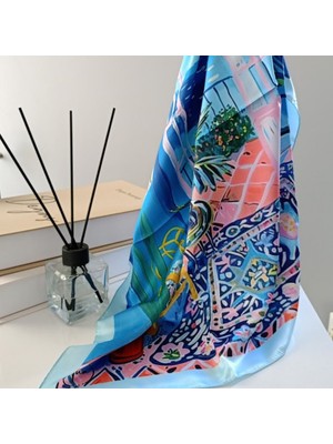 Lente Aksesuar Kadın Çok Renkli Sanatsal Çizgili Premium Kalite Ipek Saten Fular 55X55CM